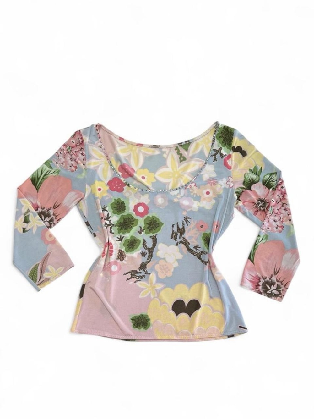 Floral Scoop Neck Long Sleeve Top - Pastel Multi